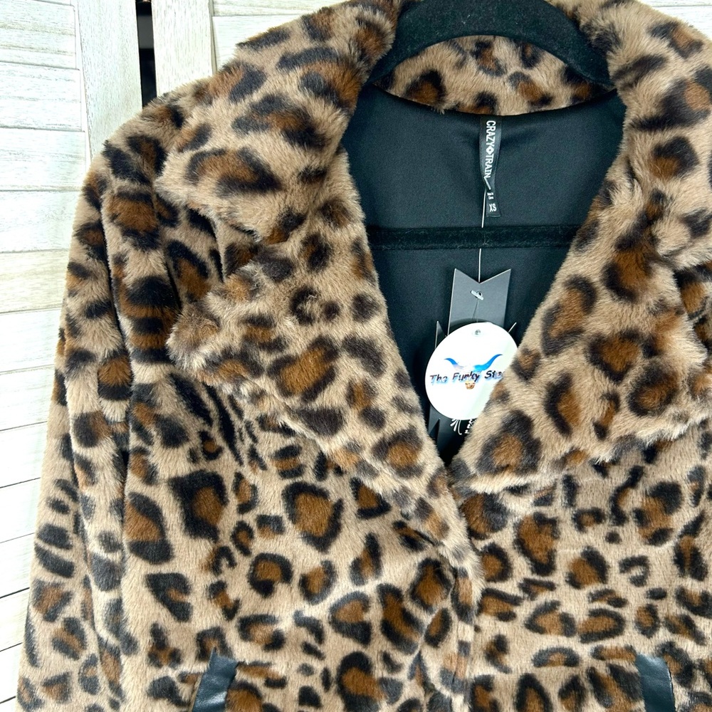 Crazy Train Leopard Print Leather Faux Fur Bomber Jacket Brown and Black New - Picture 6 of 11
